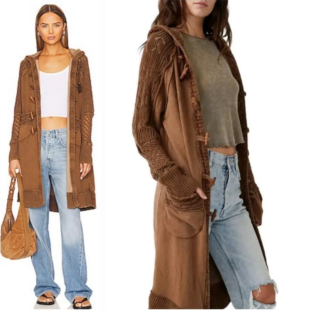Free People Brown Cardigan Sweater Hooded Slouchy Knit Size XL